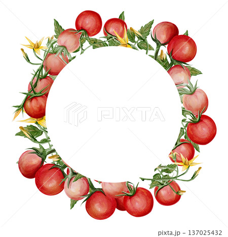watercolor circular frame with ripe cherry tomatoes, green leaves and yellow blossoms. Botanical wreath with copy space, perfect for labels, menus, invitations, packaging and organic design projects 137025432