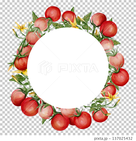 watercolor circular frame with ripe cherry tomatoes, green leaves and yellow blossoms. Botanical wreath with copy space, perfect for labels, menus, invitations, packaging and organic design projects 137025432