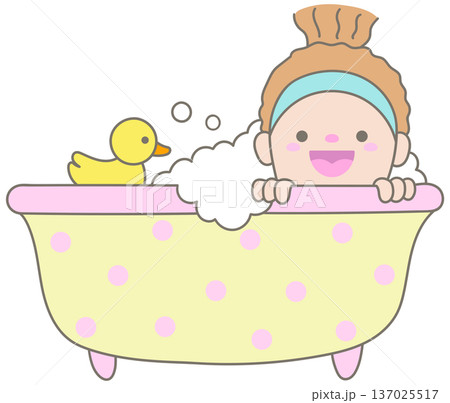 Cute Woman in Headband Relaxing in Polka Dot Bathtub with Soap Bubbles and Yellow Rubber Duck Lifestyle 137025517