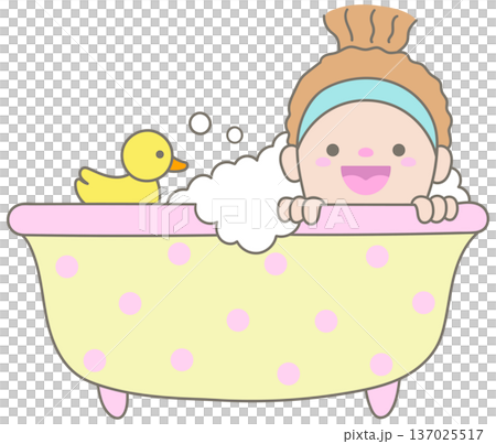 Cute Woman in Headband Relaxing in Polka Dot Bathtub with Soap Bubbles and Yellow Rubber Duck Lifestyle Cute Woman in Headband Relaxing in Polka Dot Bathtub with Soap Bubbles and Yellow Rubber Duck Lifestyle 137025517