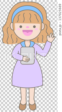 Curly Hair Business Woman Greeting with Hand Gesture and Holding Tablet Modern Office Lifestyle 137025689