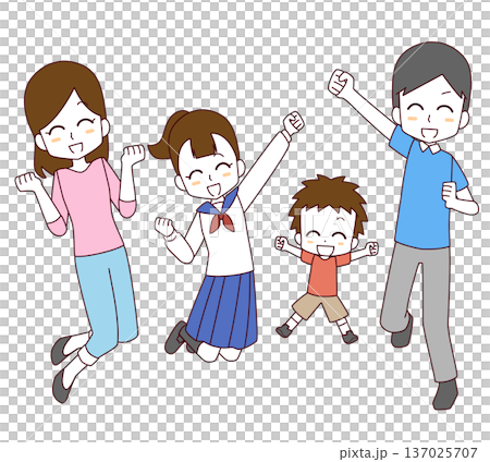 Illustration of a family of four jumping with smiles 137025707