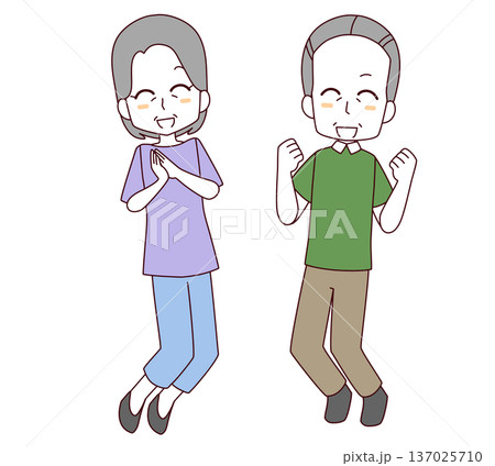 笑顔でジャンプする高齢の男女のイラスト 笑顔でジャンプする高齢の男女のイラスト 137025710