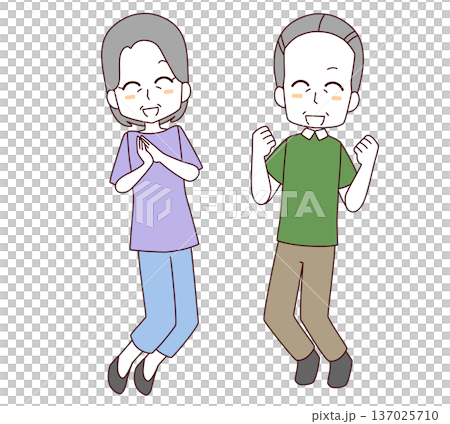 笑顔でジャンプする高齢の男女のイラスト 笑顔でジャンプする高齢の男女のイラスト 137025710