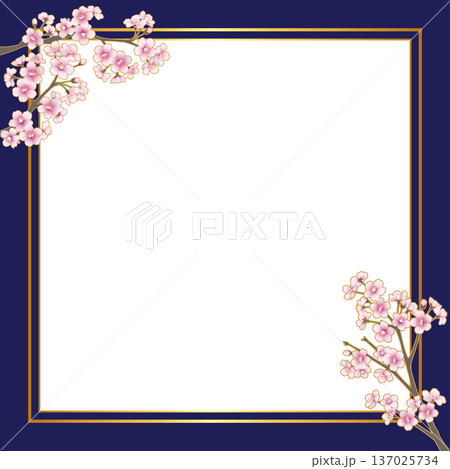 桜の花のフレーム（スクエア・枠内透過・ネイビー） 137025734