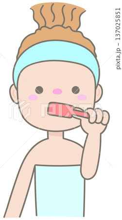 Cute Curly Hair Woman in Towel Brushing Teeth for Morning Routine and Dental Hygiene Lifestyle 137025851