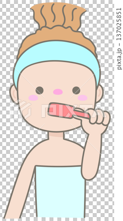 Cute Curly Hair Woman in Towel Brushing Teeth for Morning Routine and Dental Hygiene Lifestyle 137025851