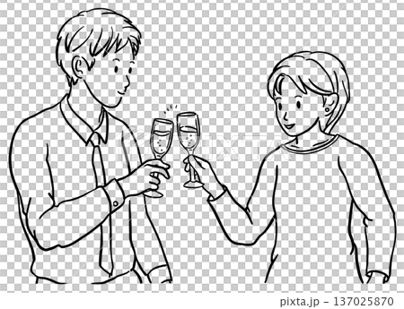 Young men and women toasting with champagne line drawing 137025870