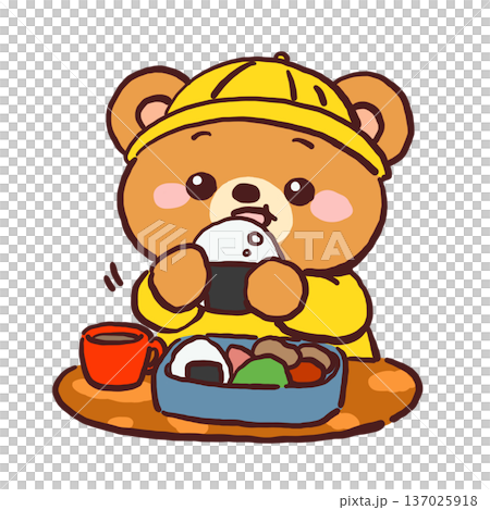 Illustration of a bear eating rice balls in a bento box (line drawing included) Illustration of a bear eating rice balls in a bento box (line drawing included) 137025918