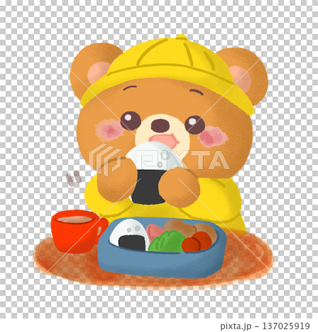 熊吃飯團餐盒的無線條插圖 137025919