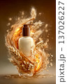 Premium golden cream lotion soap bottle with dispenser surrounded by splashing liquid, wheat ears, and oats. Dynamic energy and nourishing mood for organic skincare advertising on tan background. 137026227