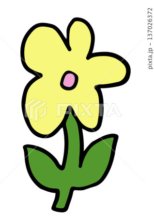 Hand drawn yellow flower with green leaves for nature, garden, tree, plants, blossom, blooming, park, picnic, home yard, sticker, cartoon, floral print, decoration, patch, tattoo, icon, fabric print 137026372