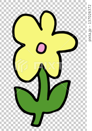 Hand drawn yellow flower with green leaves for nature, garden, tree, plants, blossom, blooming, park, picnic, home yard, sticker, cartoon, floral print, decoration, patch, tattoo, icon, fabric print 137026372