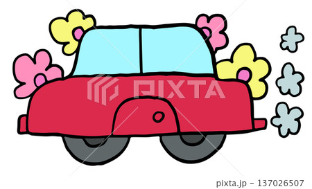Hand drawn illustration of red car with flowers for transportation, vehicle, commute to work, pollution, back to school, travel, trip, vacation, journey, holidays, sticker, road, street, car free day Hand drawn illustration of red car with flowers for transportation, vehicle, commute to work, pollution, back to school, travel, trip, vacation, journey, holidays, sticker, road, street, car free day 137026507