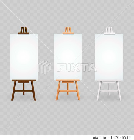 Realistic Wooden Easel Set. Vector Dark, Light and White Tripod Stands with Blank Vertical Canvas. Realistic Wooden Easel Set. Vector Dark, Light and White Tripod Stands with Blank Vertical Canvas. 137026535