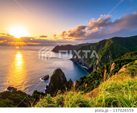 【AI生成画像】日本の自然美 知床半島の穏やかな夕暮れの時 137026559