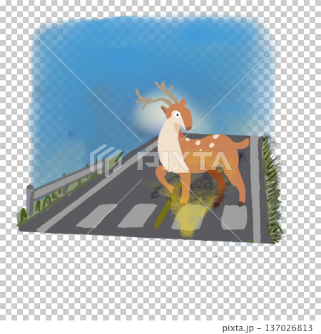 早朝の道路で驚く鹿 交通安全イラスト 青空背景 早朝の道路で驚く鹿 交通安全イラスト 青空背景 137026813