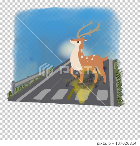 清晨，一隻鹿抬頭望路。交通安全插圖，藍天背景。 137026814
