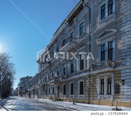 Snowy winter cityscape of UNESCO historic center of Odessa, Ukraine 137026944