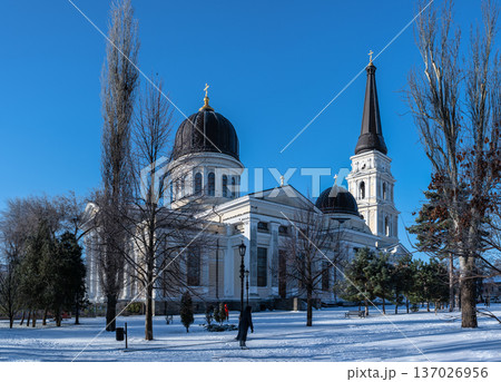 Snowy winter cityscape of UNESCO historic center of Odessa, Ukraine 137026956