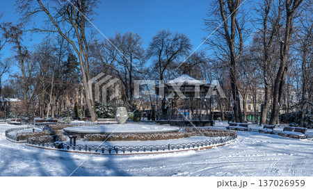 Snowy winter cityscape of UNESCO historic center of Odessa, Ukraine 137026959