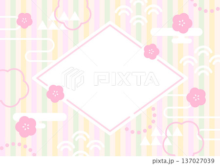 ひな祭りの和風フレームと桃の花と幾何学模様の背景 137027039