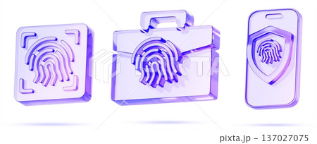 3d glass holographic biometric identification set. Fingerprint scan icon, briefcase with finger print scanner to protect document, laptop. Smartphone with touch id and security shield. 3D illustration 3d glass holographic biometric identification set. Fingerprint scan icon, briefcase with finger print scanner to protect document, laptop. Smartphone with touch id and security shield. 3D illustration 137027075