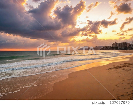 Serene coastal sunset, Peaceful evening by sea, Calm horizons with gentle waves and warm reflections Serene coastal sunset, Peaceful evening by sea, Calm horizons with gentle waves and warm reflections 137027079