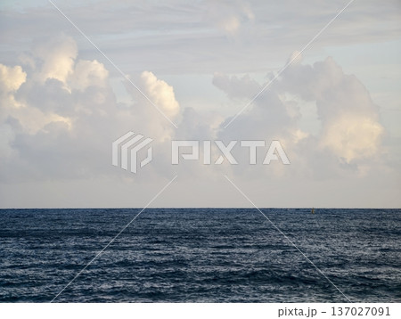 Calm waters beneath soft cloud formations, Gentle ocean scene under muted sky with vast openness 137027091