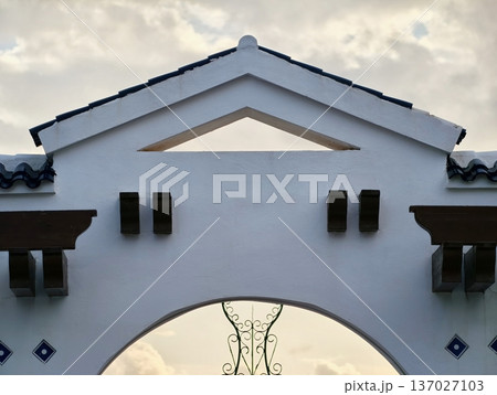 Architectural doorway indicating antique home with intricate metalwork and textured finishes 137027103
