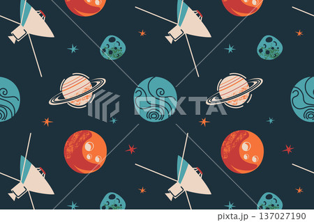 Seamless pattern with retro space theme. Planets, asteroids, probe in cartoon style. Flat vector illustration for cosmic design, vintage sci-fi projects, textile prints, wallpaper, children book 137027190