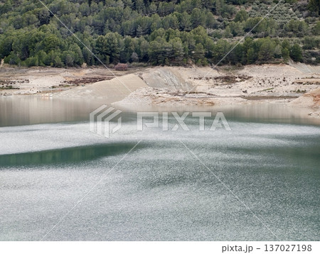 Serene lake with sandy shorelines, Calm freshwater space with exposed sandy banks and reflective surface 137027198