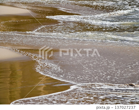 Serene shoreline with gentle ripples, Quiet seaside landscape showing smooth reflections and calming waves Serene shoreline with gentle ripples, Quiet seaside landscape showing smooth reflections and calming waves 137027237