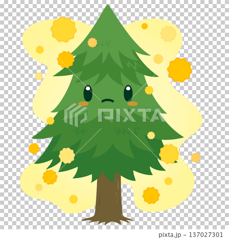 Character illustration of a single cedar tree scattering pollen 137027301