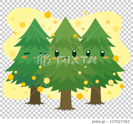 花粉を飛散する3本のスギの木のキャラクターイラスト 137027302