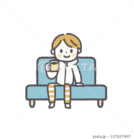 普段着でソファに座る人物のイラストセット 137027407