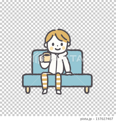 普段着でソファに座る人物のイラストセット 137027407