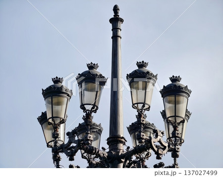 Charming historic streetscape enhanced by detailed gas lanterns and decorative crown embellishments 137027499