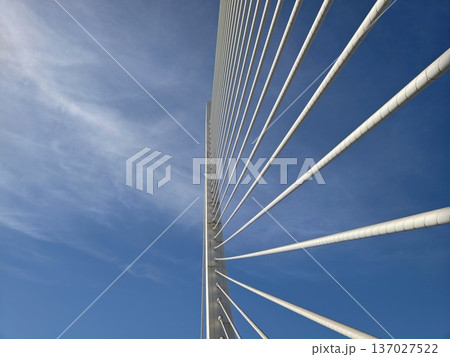 Bridge cables stretch upward dynamically, Cables positioned over bridge ascend with energetic motion 137027522