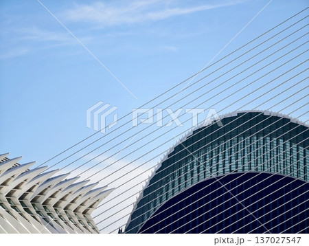 Complex architectural composition blending flowing curves and structured wires with lively visual harmony Complex architectural composition blending flowing curves and structured wires with lively visual harmony 137027547