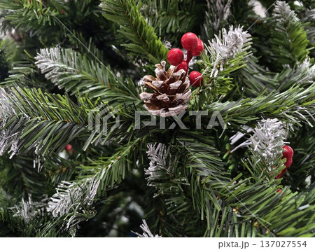 Detailed view of pine and berry arrangement perfect for winter holiday decorations and wreaths 137027554