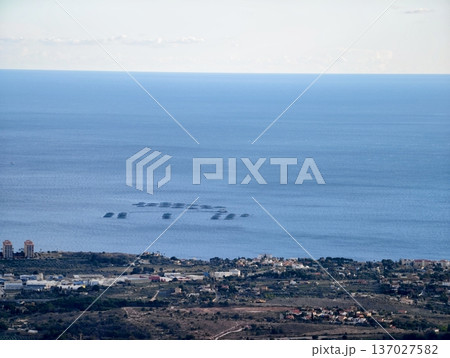 Organized offshore aquaculture units with dark ring formations and distant shoreline background Organized offshore aquaculture units with dark ring formations and distant shoreline background 137027582