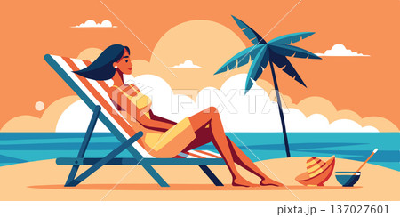 Beautiful woman relaxing on a beach chair enjoying summer sunbathing on vacation 137027601