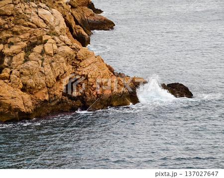 Calm waves lapping warmcolored stones gently, Gentle surf caressing sunlit rocks with calming ripples 137027647