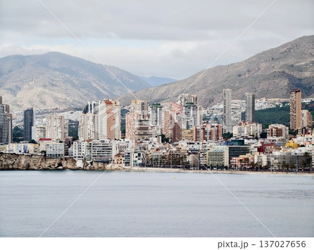 City skyline near mountains, Panoramic view of urban coastline with mountainous background City skyline near mountains, Panoramic view of urban coastline with mountainous background 137027656