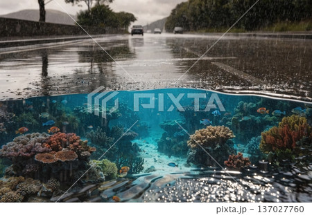 A puddle after rain reflects not the street, but an underwater world with corals and fish. The line between asphalt and water blurs. Surrealism. 137027760