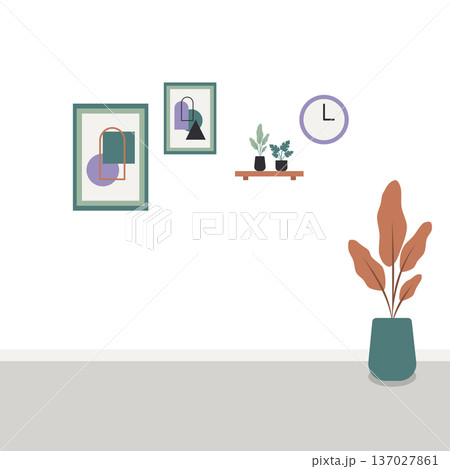 Modern Minimalist Interior Wall Decor with Abstract Art and Plants Modern Minimalist Interior Wall Decor with Abstract Art and Plants 137027861