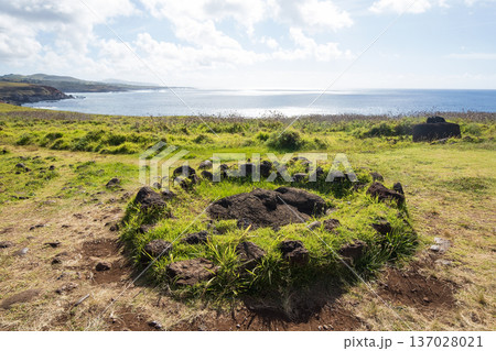 アフ・ビナプの顔だけ出たモアイ像、海岸沿いの風景、イースター島 アフ・ビナプの顔だけ出たモアイ像、海岸沿いの風景、イースター島 137028021