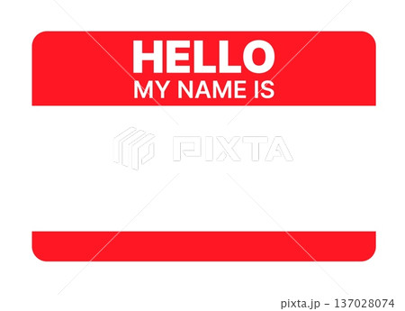 Classic red and white Hello my name is name tag sticker, blank vector template for introduction, identification, networking events, conferences, meetings, workshops, and business communication. Vector 137028074