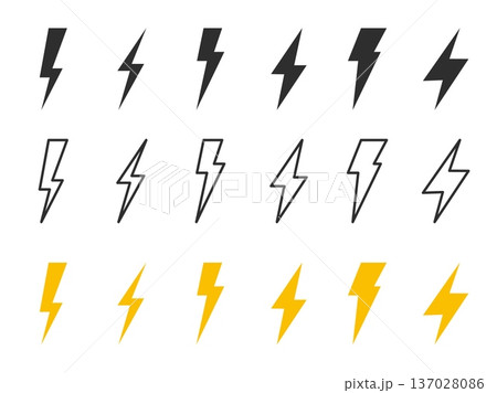 Thunder bolt lightning flash icon set representing electric power and energy symbols in filled, thin, line, outline, and stroke styles for apps, websites, user interface design, dashboards, and modern Thunder bolt lightning flash icon set representing electric power and energy symbols in filled, thin, line, outline, and stroke styles for apps, websites, user interface design, dashboards, and modern 137028086